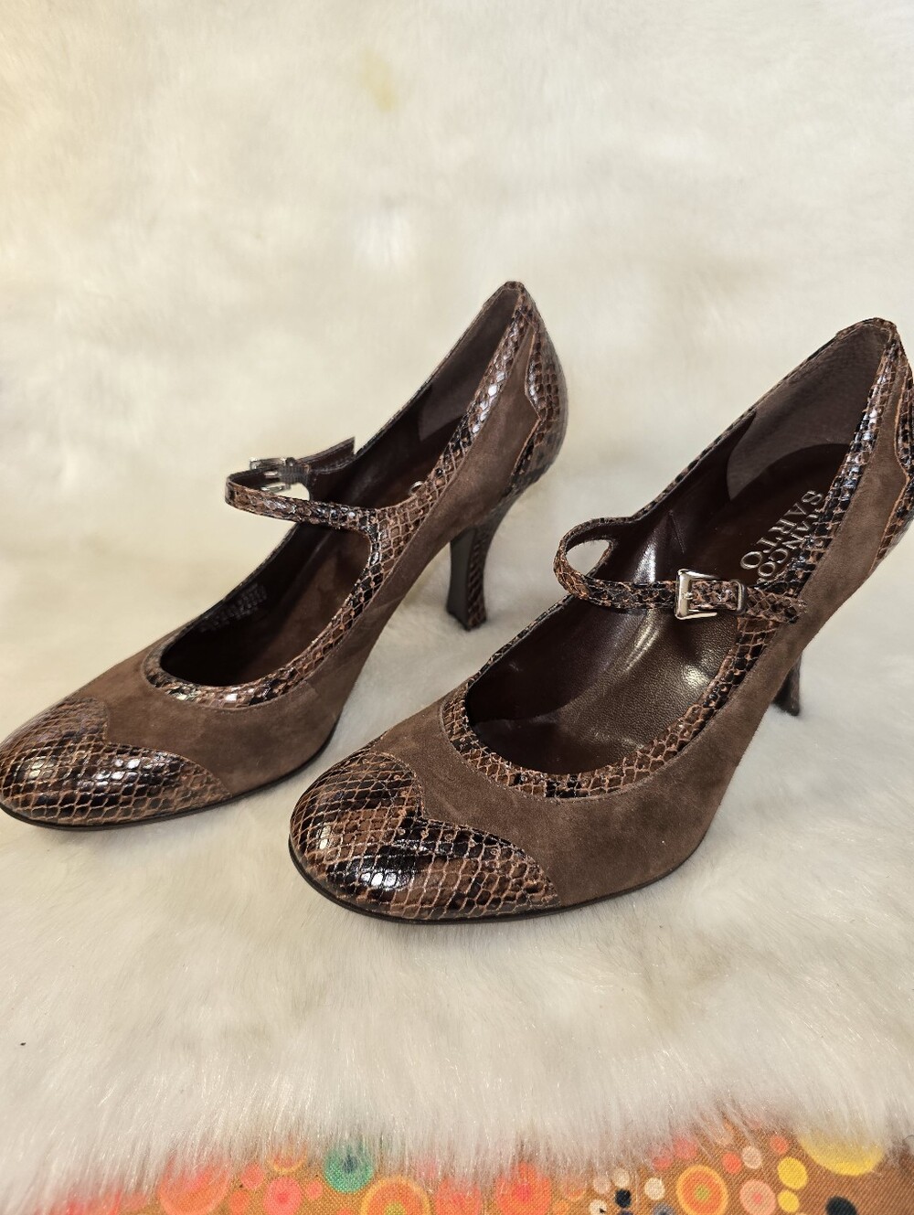 Franco Sarto Brown Suede & Snakeskin "Fallon" Mary Jane Kitten Heel Pumps - Picture 3 of 16